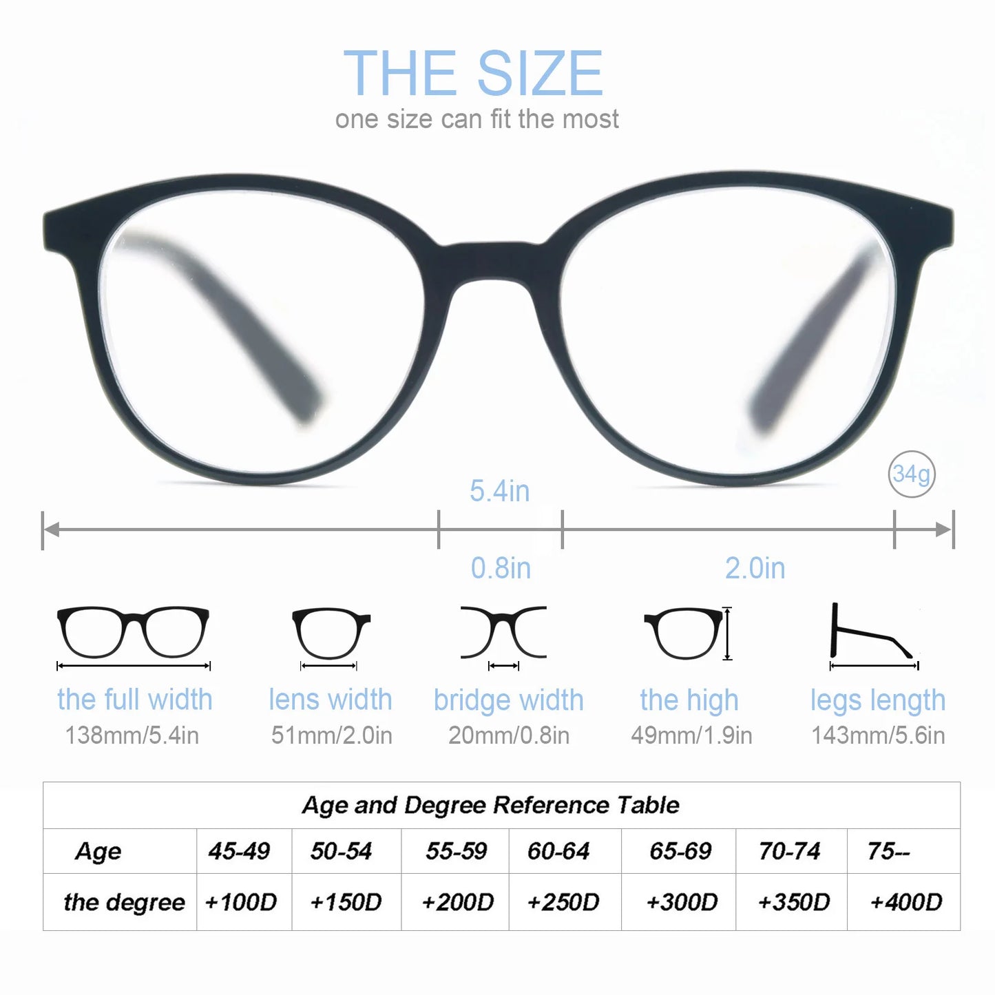 MODFANS Oversized vision Reading Glasses For Women and men,Classic Round Readers Frame with Spring Hinge, +0.5 ~ +4.0