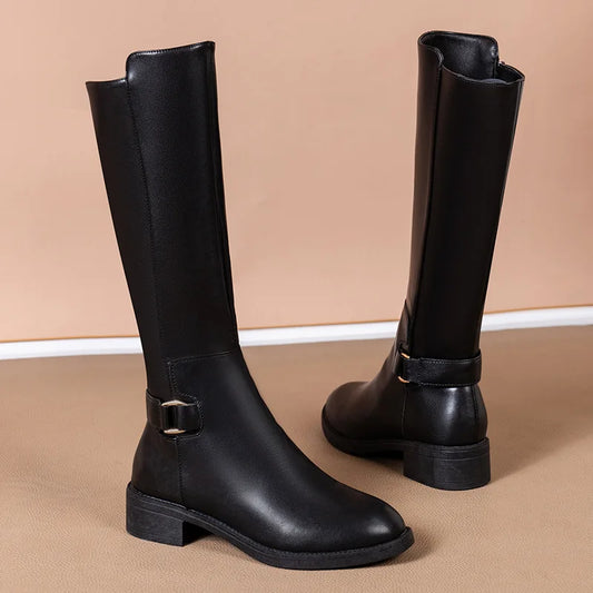 Black Pu Leather Knee Boots for Women Shoes Metal Buckle Decoration New Fashion Outdoor Long Botas Ladies Footwear Size 34-41