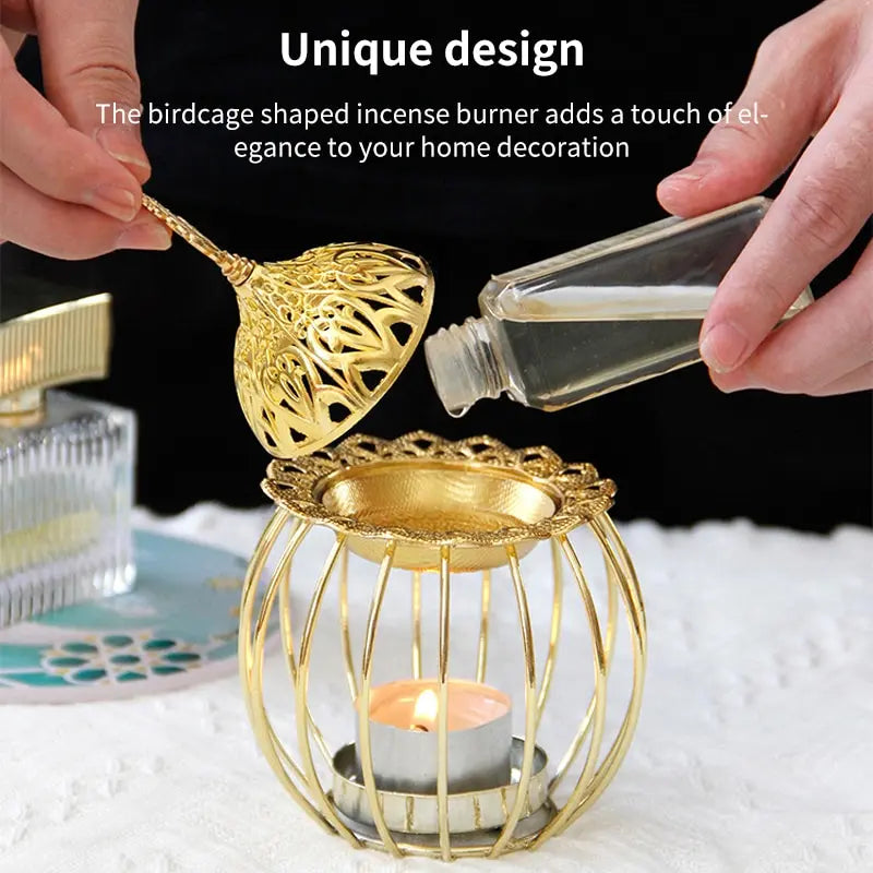 Arabian Gold Incense Burner Indoor Candles Essential Oils Aromatherapy Lamp Sandalwood Iron Incense Burner Home Birdcage Shape