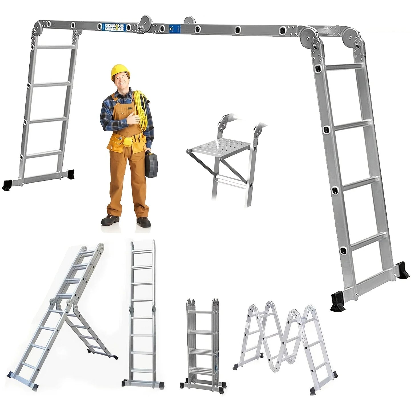 Multi-Purpose Aluminum Alloy Combination Ladder 4.7M/15.5FT Folding Step Ladders 150kg/330lbs Capacity 16 Steps