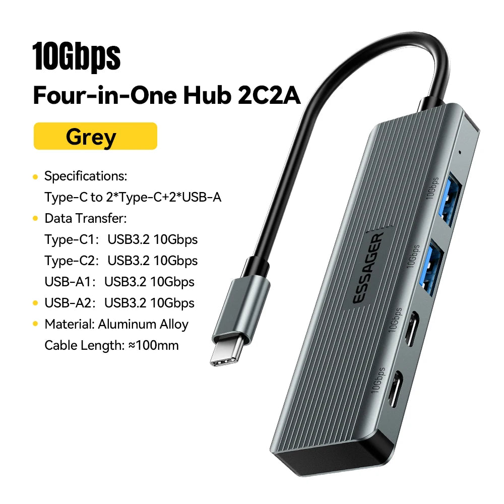 Essager USB C Hub 4 Ports USB Type C to USB3.2 Gen2 Hub Splitter Adapter 10Gbps for MacBook Pro Air iPad Pro Laptop Desktop PC