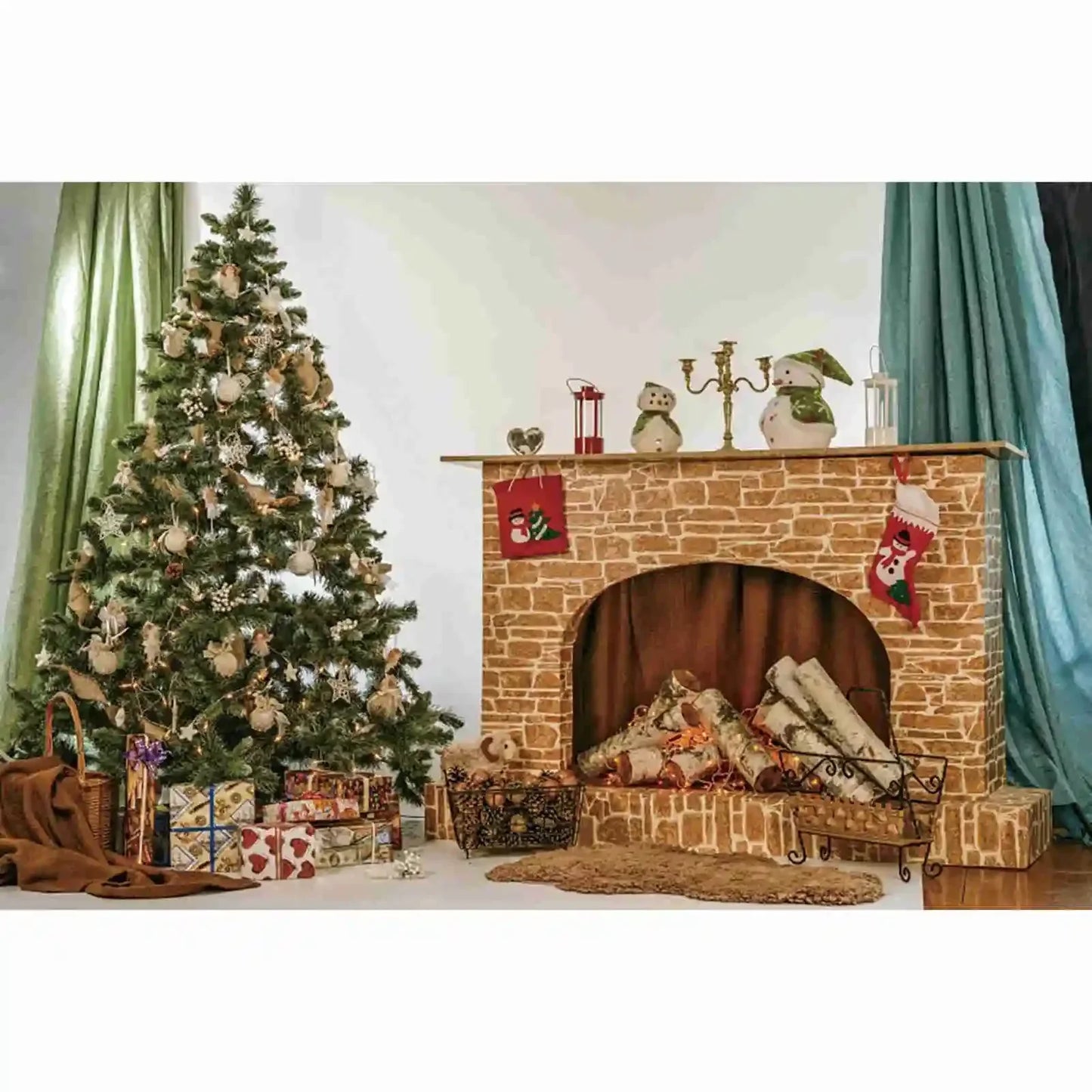 MOON.QG Happy New Year Photography Background Fireplace Wreach Xmas Trees Photozone Backdrop Children Studio Photocall Supplies