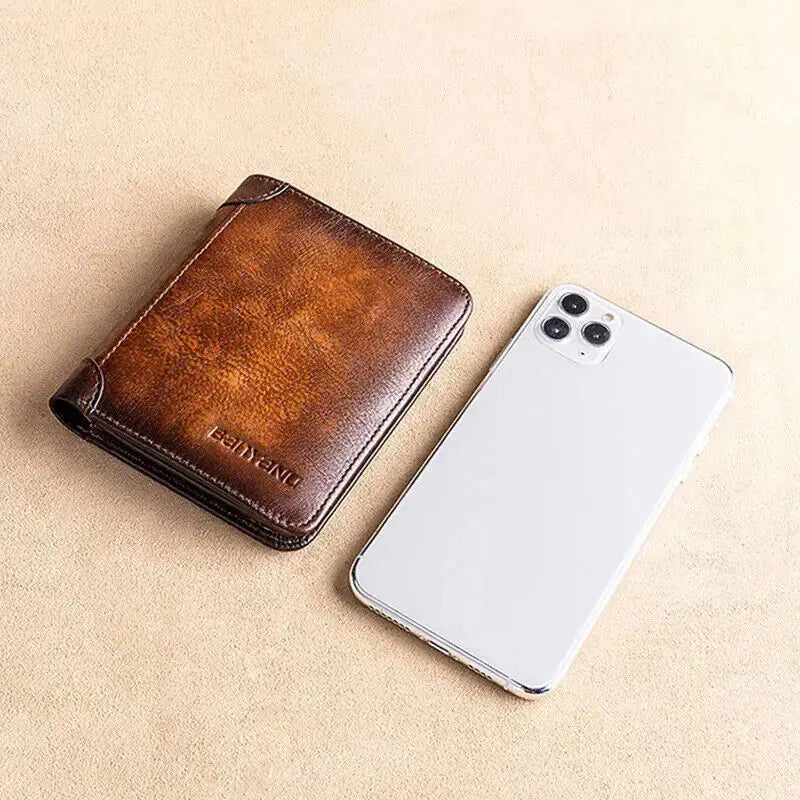 Genuine Leather Wallet Retro Business Design Rfid Protection Short Card Holder Coin Purses Money Bag Men Business Wallet Handbag