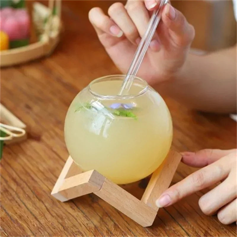 Creative Ronud Ball Glass Cup with Wood Stand Straw Wine Cocktail Glass Cup Transparent Moon Ball Cold Drinking Juice Cups