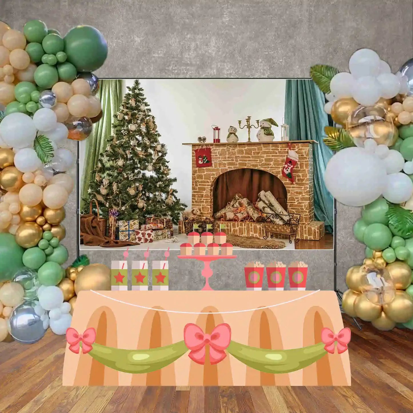 MOON.QG Happy New Year Photography Background Fireplace Wreach Xmas Trees Photozone Backdrop Children Studio Photocall Supplies