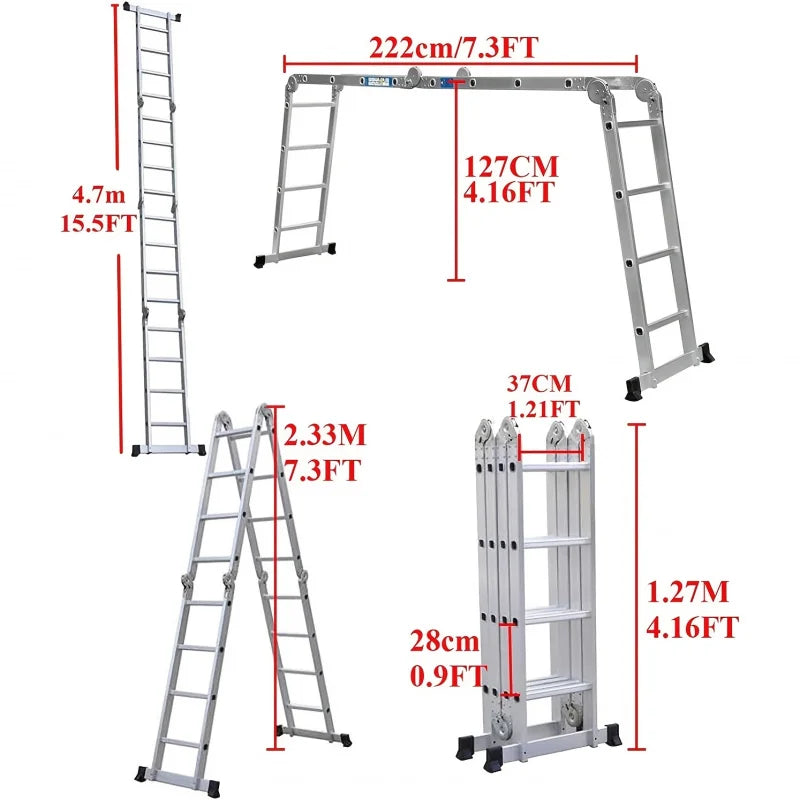 Multi-Purpose Aluminum Alloy Combination Ladder 4.7M/15.5FT Folding Step Ladders 150kg/330lbs Capacity 16 Steps