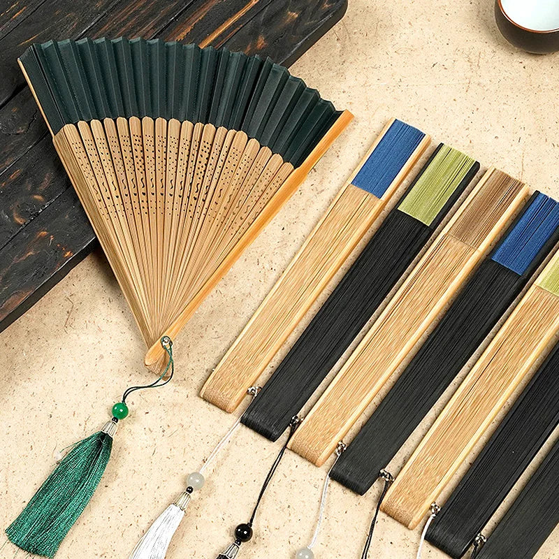 Retro Japanese Style Folding Fan Classical Wooden Shank Hand Held Fan with Tessel Female Party Dance Fan Gift Home Decor