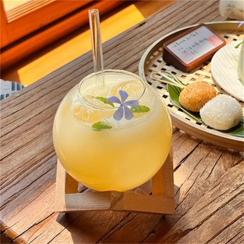 Creative Ronud Ball Glass Cup with Wood Stand Straw Wine Cocktail Glass Cup Transparent Moon Ball Cold Drinking Juice Cups