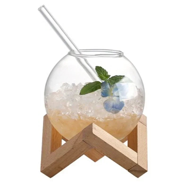 Creative Ronud Ball Glass Cup with Wood Stand Straw Wine Cocktail Glass Cup Transparent Moon Ball Cold Drinking Juice Cups