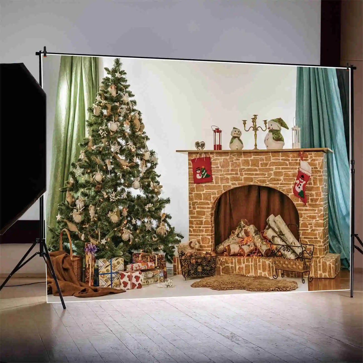 MOON.QG Happy New Year Photography Background Fireplace Wreach Xmas Trees Photozone Backdrop Children Studio Photocall Supplies