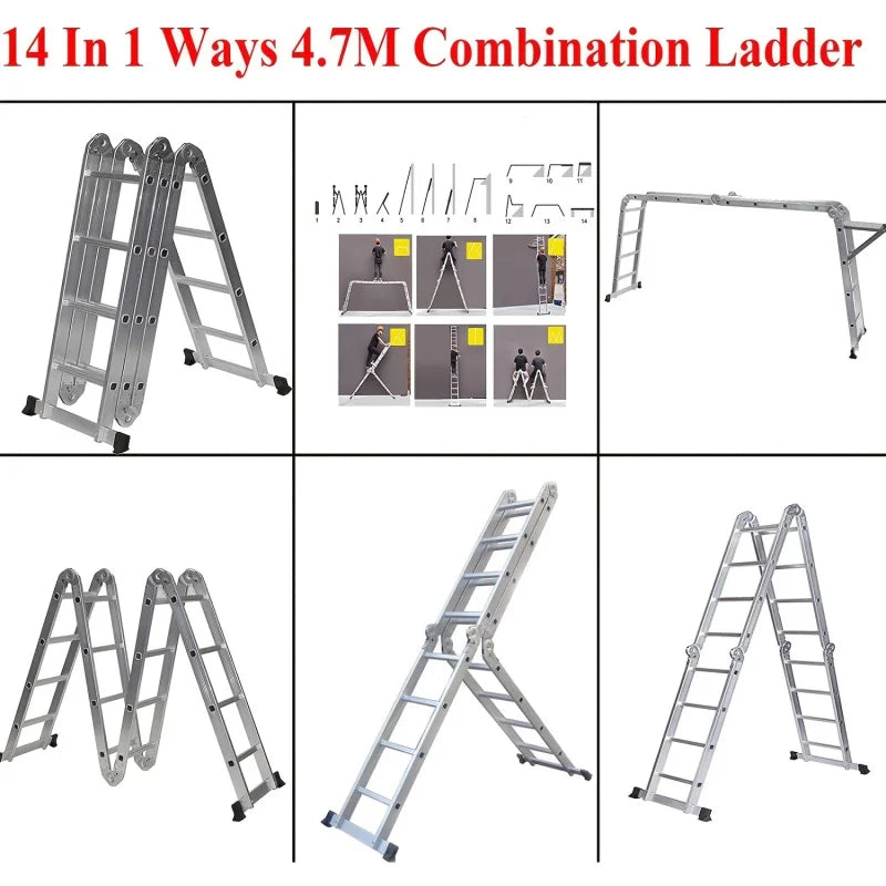 Multi-Purpose Aluminum Alloy Combination Ladder 4.7M/15.5FT Folding Step Ladders 150kg/330lbs Capacity 16 Steps