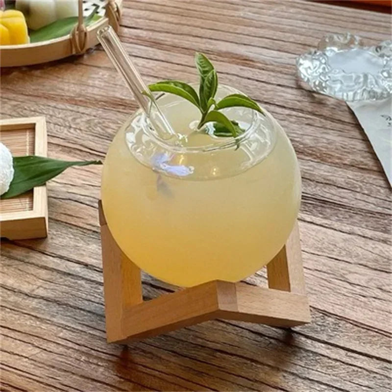 Creative Ronud Ball Glass Cup with Wood Stand Straw Wine Cocktail Glass Cup Transparent Moon Ball Cold Drinking Juice Cups