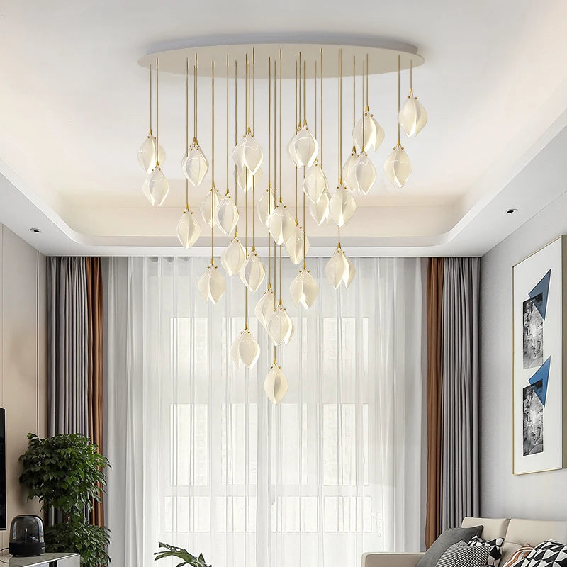 Luxury Magnolia Flower Hanging Staircase Chandeliers for Loft Lobby Living Room Long Ceramics Hanging Chandelier Dining Room