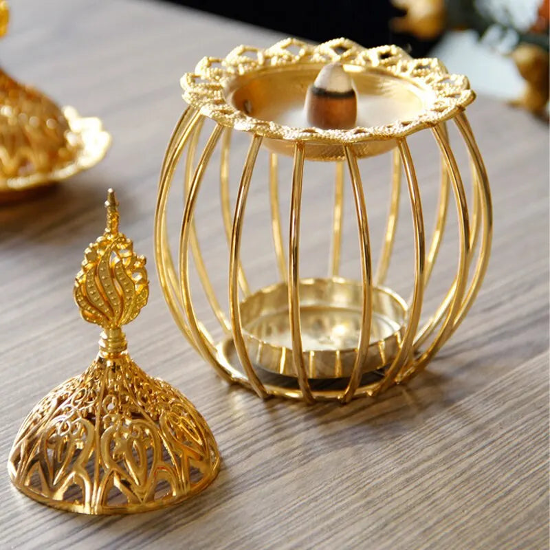 Arabian Gold Incense Burner Indoor Candles Essential Oils Aromatherapy Lamp Sandalwood Iron Incense Burner Home Birdcage Shape