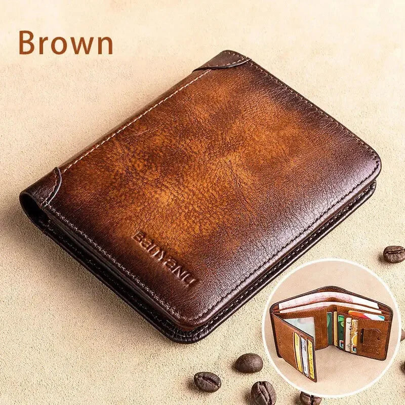 Genuine Leather Wallet Retro Business Design Rfid Protection Short Card Holder Coin Purses Money Bag Men Business Wallet Handbag