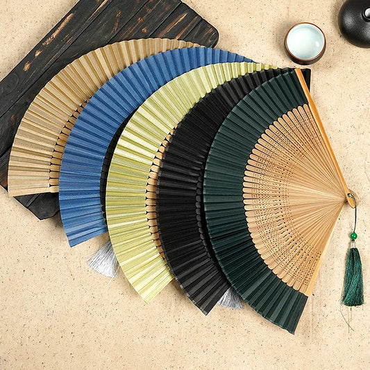 Retro Japanese Style Folding Fan Classical Wooden Shank Hand Held Fan with Tessel Female Party Dance Fan Gift Home Decor