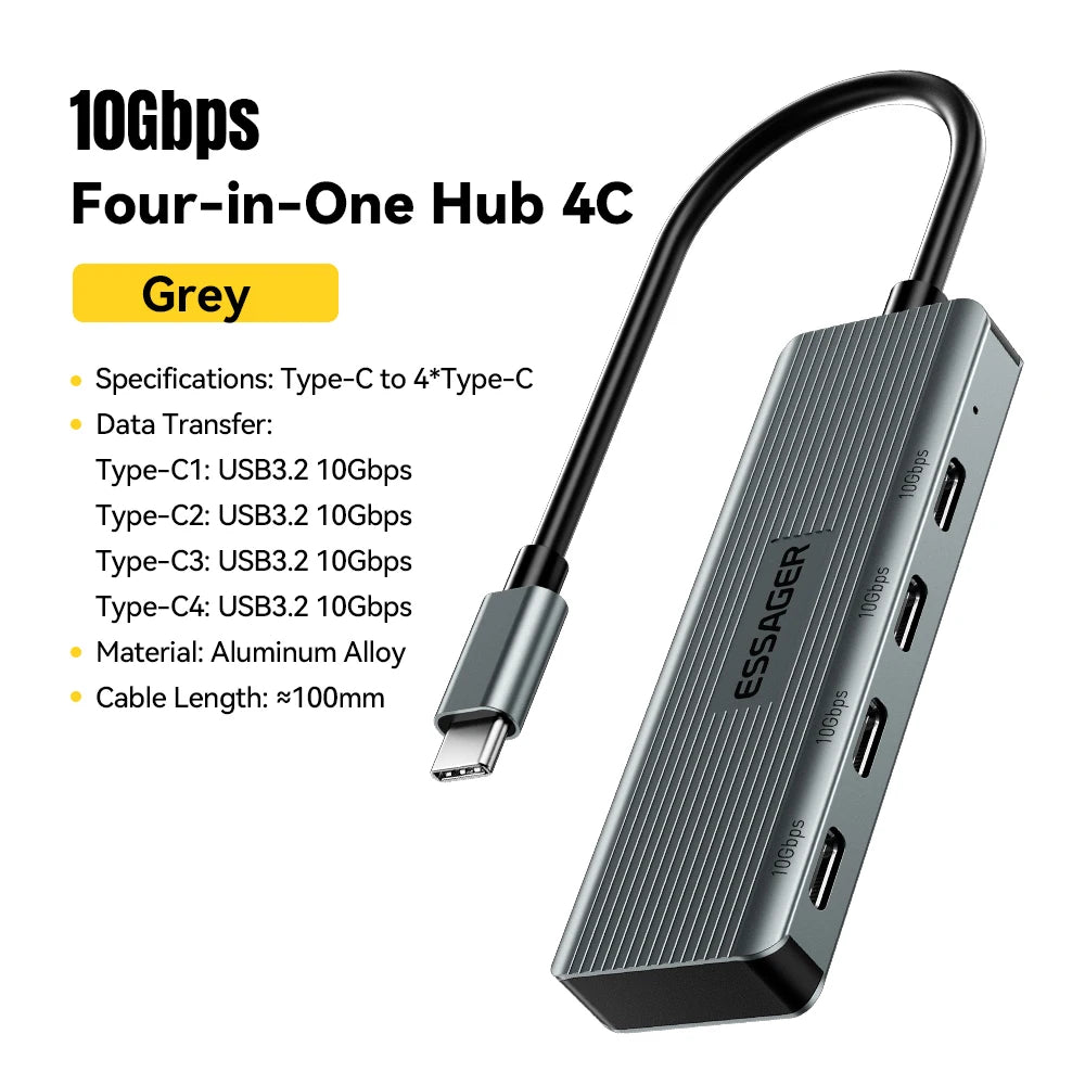 Essager USB C Hub 4 Ports USB Type C to USB3.2 Gen2 Hub Splitter Adapter 10Gbps for MacBook Pro Air iPad Pro Laptop Desktop PC