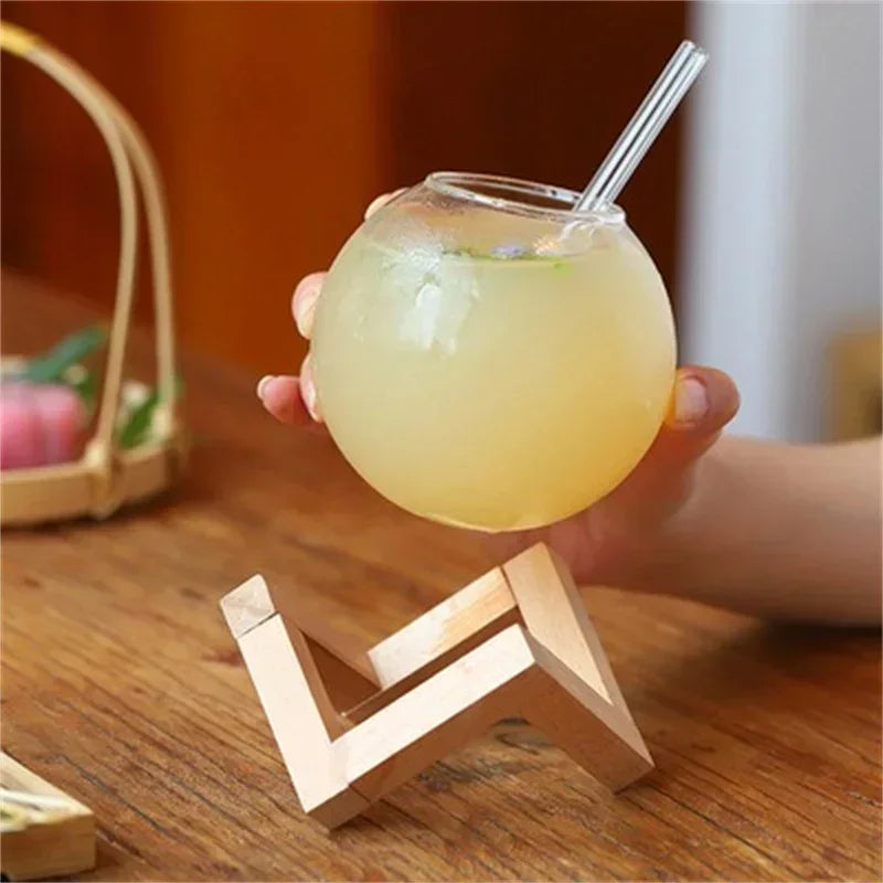 Creative Ronud Ball Glass Cup with Wood Stand Straw Wine Cocktail Glass Cup Transparent Moon Ball Cold Drinking Juice Cups