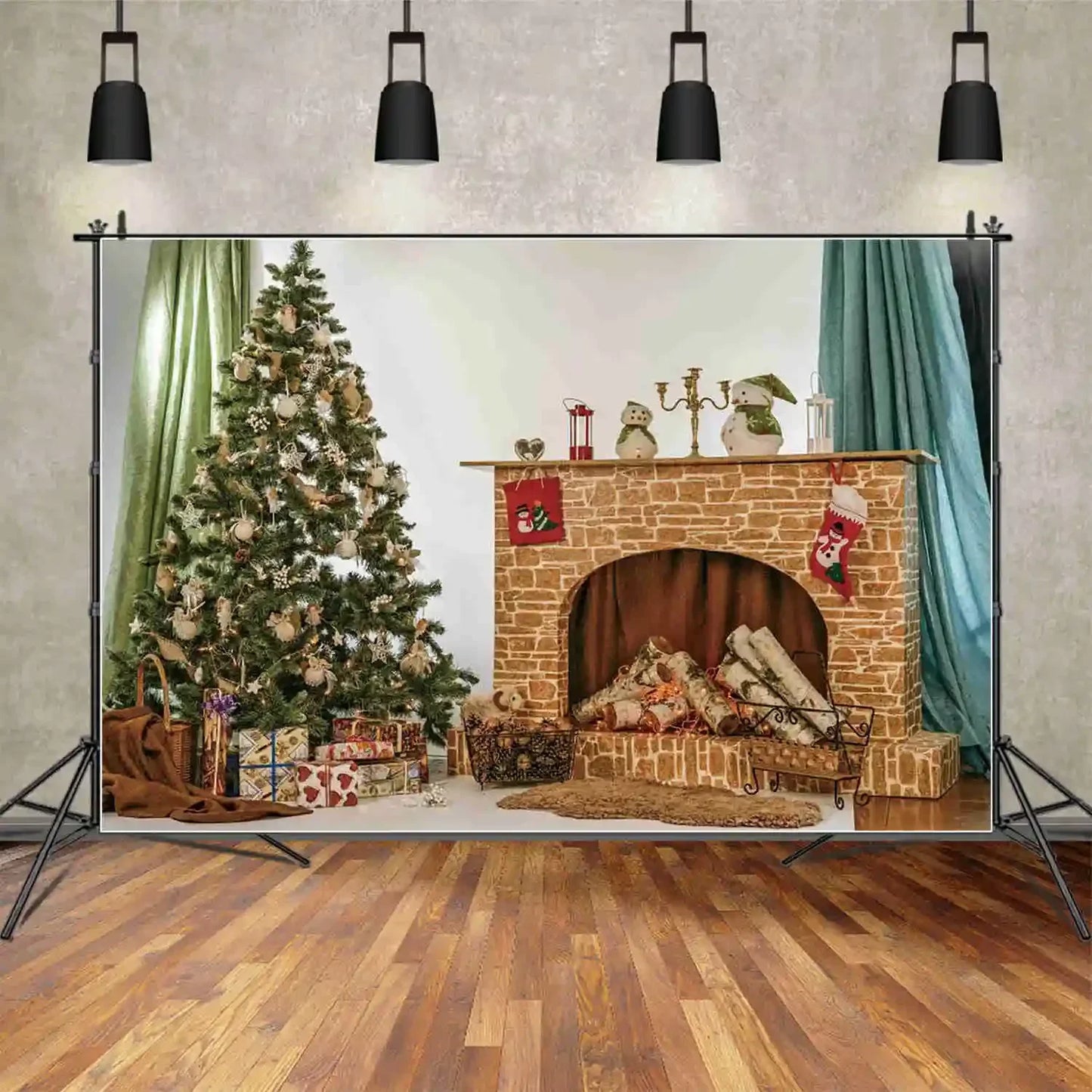 MOON.QG Happy New Year Photography Background Fireplace Wreach Xmas Trees Photozone Backdrop Children Studio Photocall Supplies