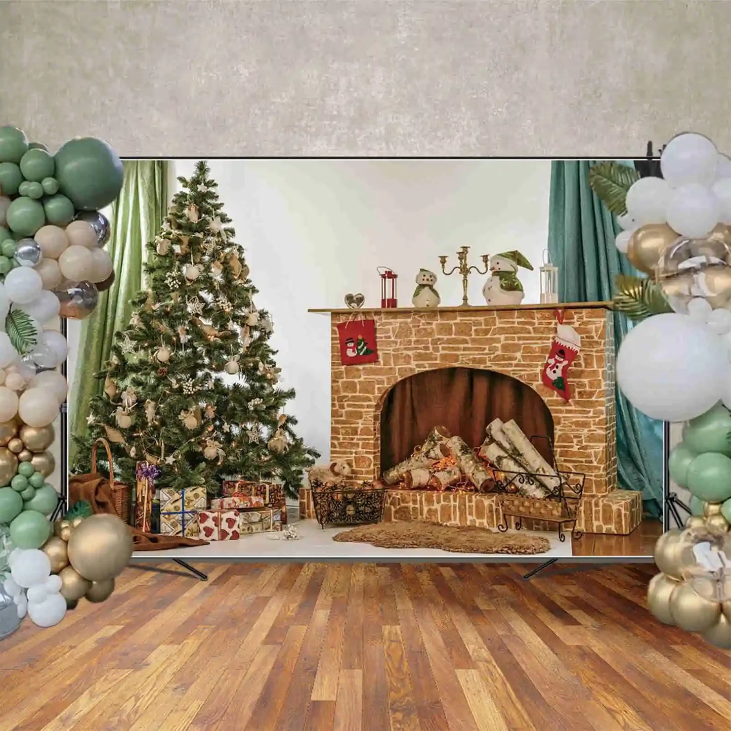 MOON.QG Happy New Year Photography Background Fireplace Wreach Xmas Trees Photozone Backdrop Children Studio Photocall Supplies