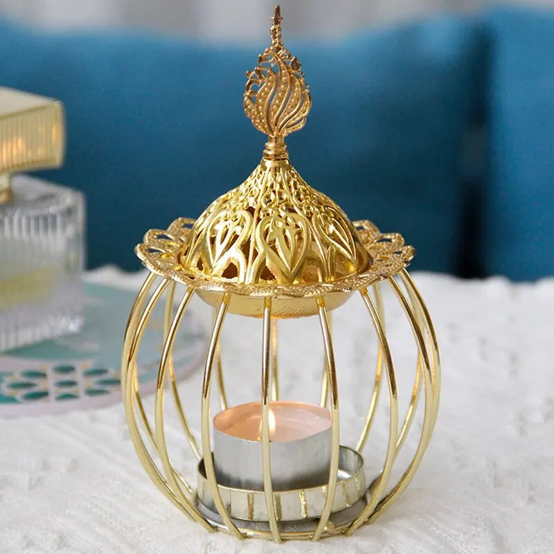 Arabian Gold Incense Burner Indoor Candles Essential Oils Aromatherapy Lamp Sandalwood Iron Incense Burner Home Birdcage Shape