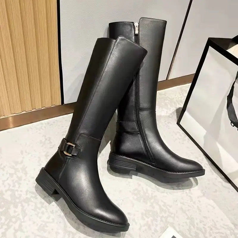 Black Pu Leather Knee Boots for Women Shoes Metal Buckle Decoration New Fashion Outdoor Long Botas Ladies Footwear Size 34-41