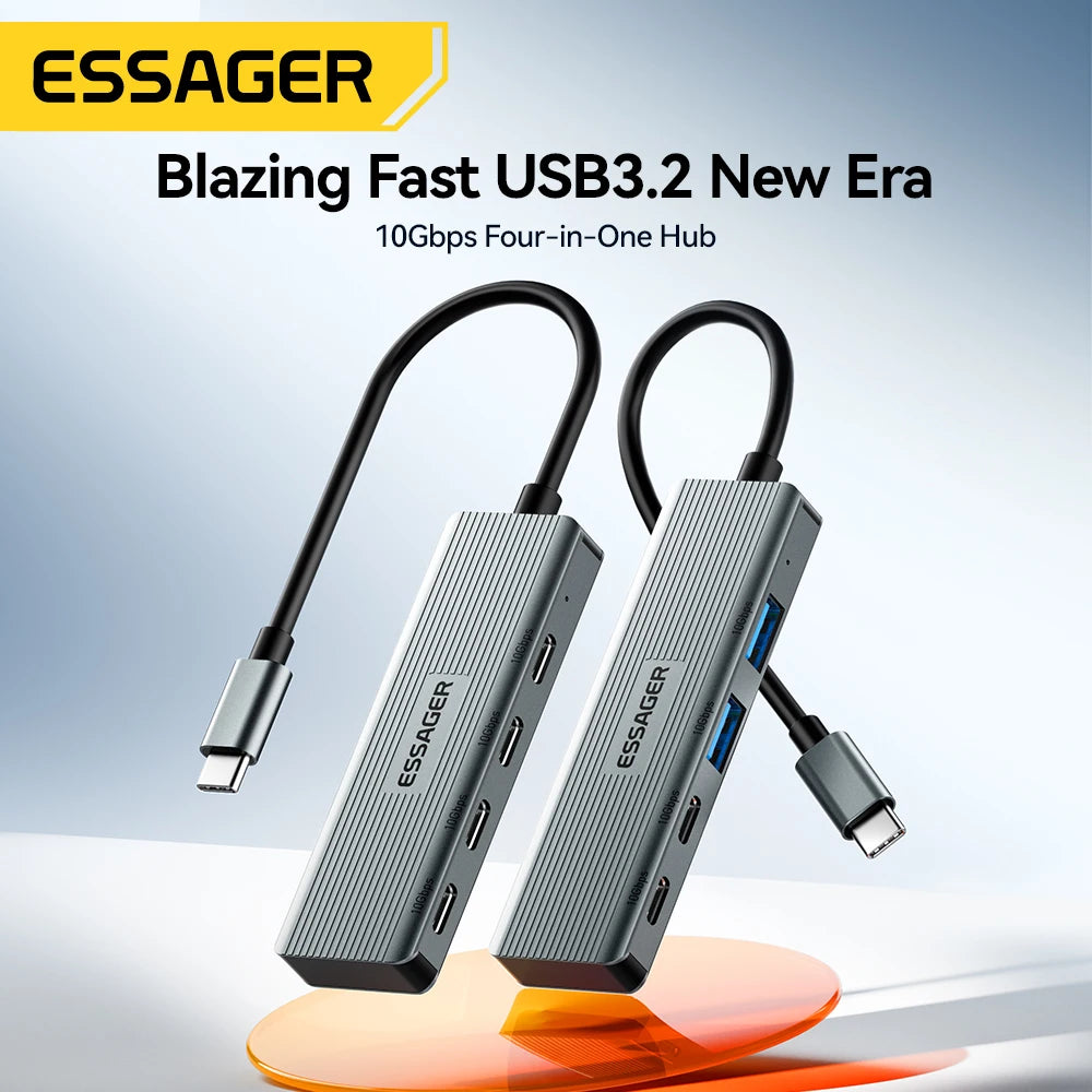 Essager USB C Hub 4 Ports USB Type C to USB3.2 Gen2 Hub Splitter Adapter 10Gbps for MacBook Pro Air iPad Pro Laptop Desktop PC